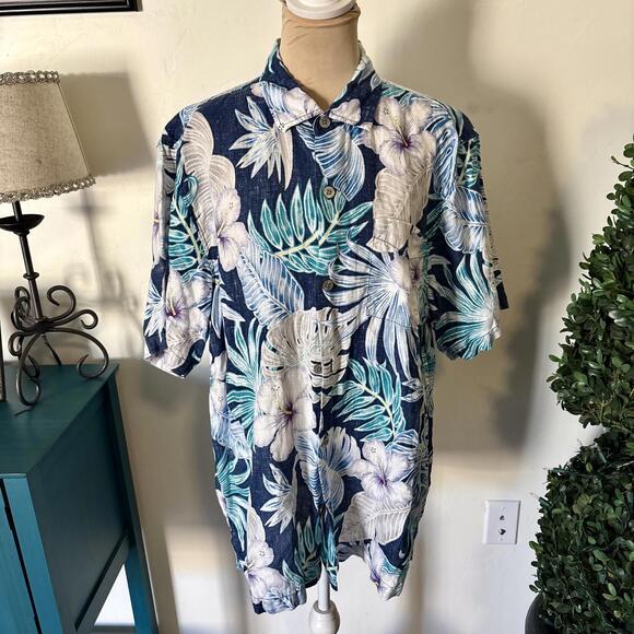 Tommy Bahama Mens 100% Linen Tropical Floral Shirt Blue L - Picture 1 of 6
